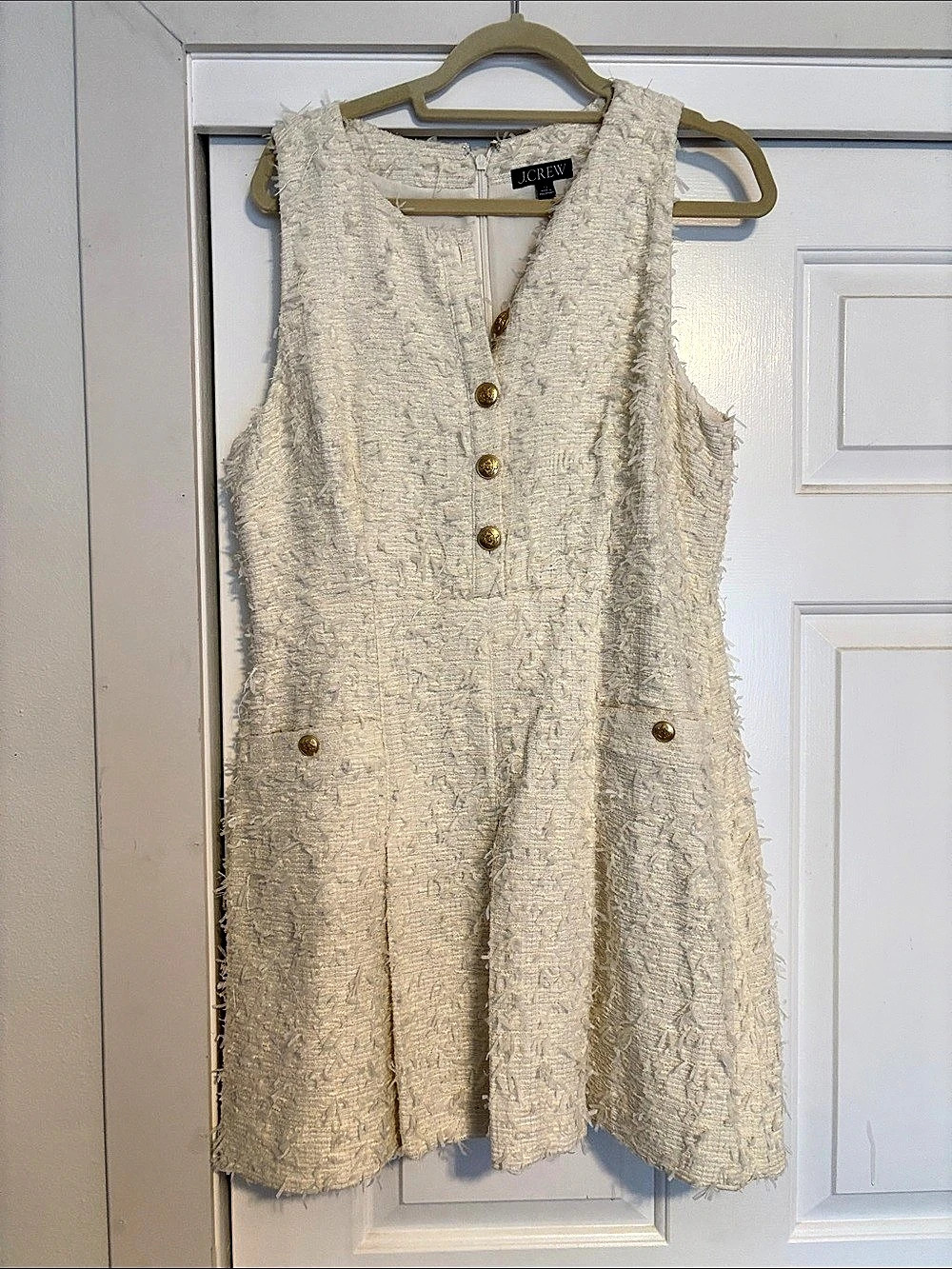 J.CREW V-neck Fringe Sheath Dress in Multicolor Metallic Tweed Cream Textured